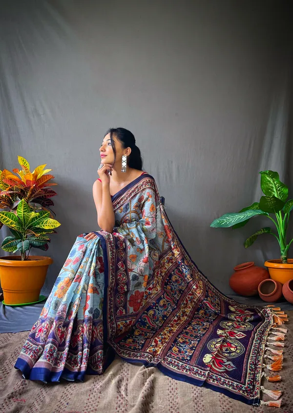 Blue_Soft_Cotton_Kalamkari_Print_Saree_With_Blouse_Piece_Attached